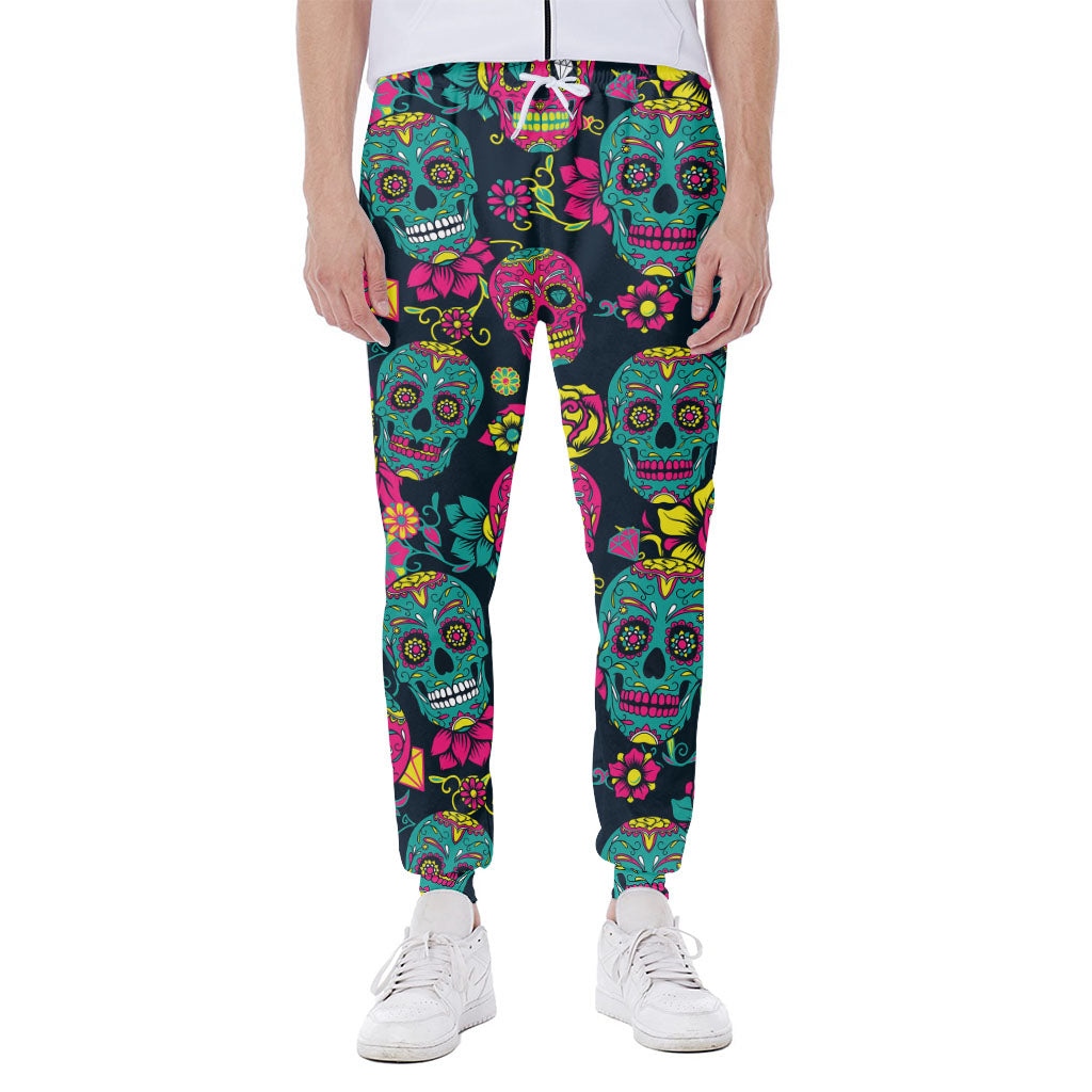 Teal Pink Sugar Skull Pattern Print Scuba Joggers