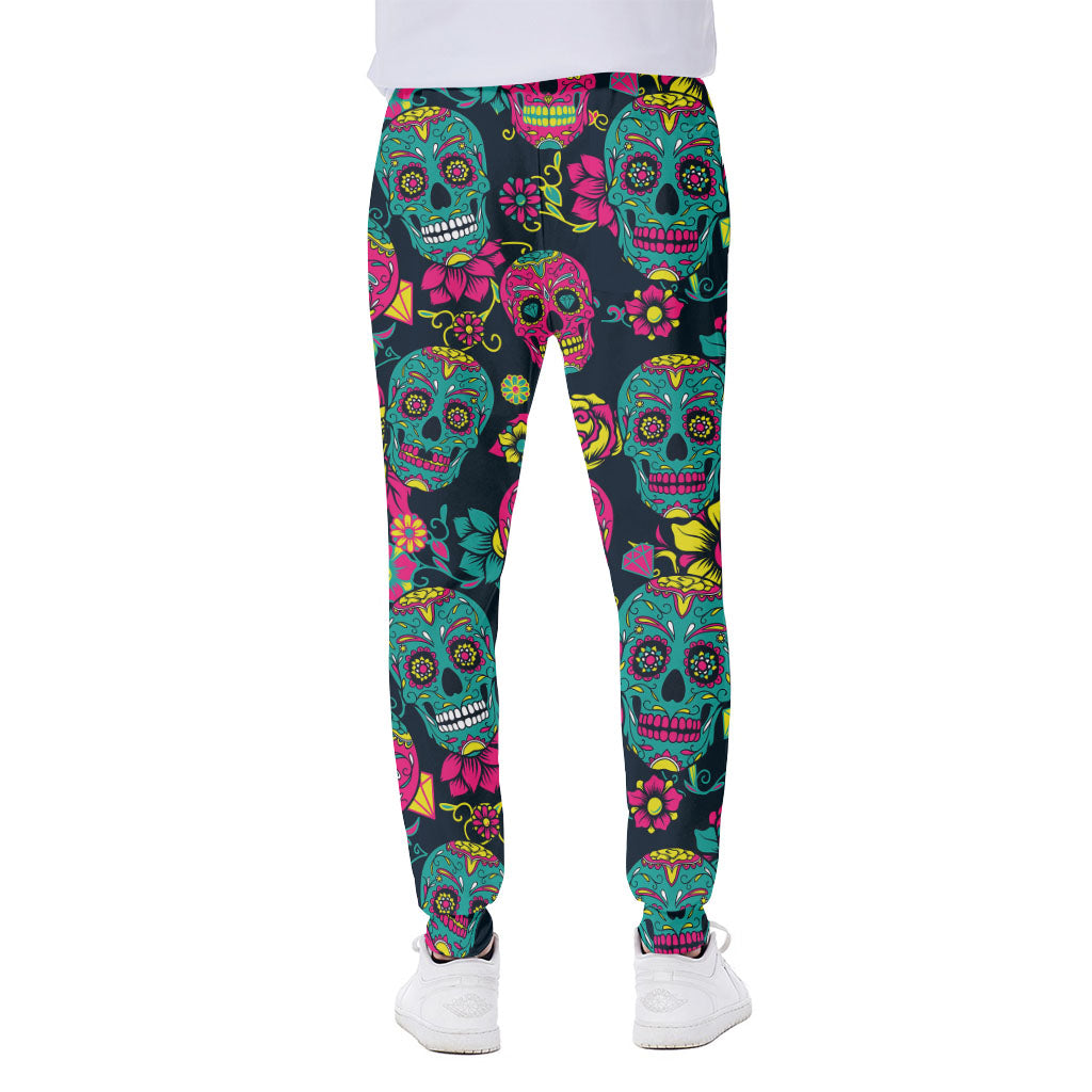 Teal Pink Sugar Skull Pattern Print Scuba Joggers