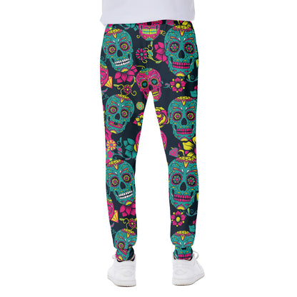 Teal Pink Sugar Skull Pattern Print Scuba Joggers