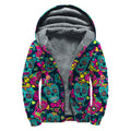 Teal Pink Sugar Skull Pattern Print Sherpa Lined Zip Up Hoodie
