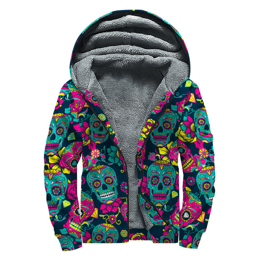 Teal Pink Sugar Skull Pattern Print Sherpa Lined Zip Up Hoodie
