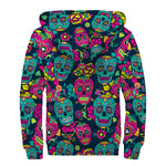 Teal Pink Sugar Skull Pattern Print Sherpa Lined Zip Up Hoodie