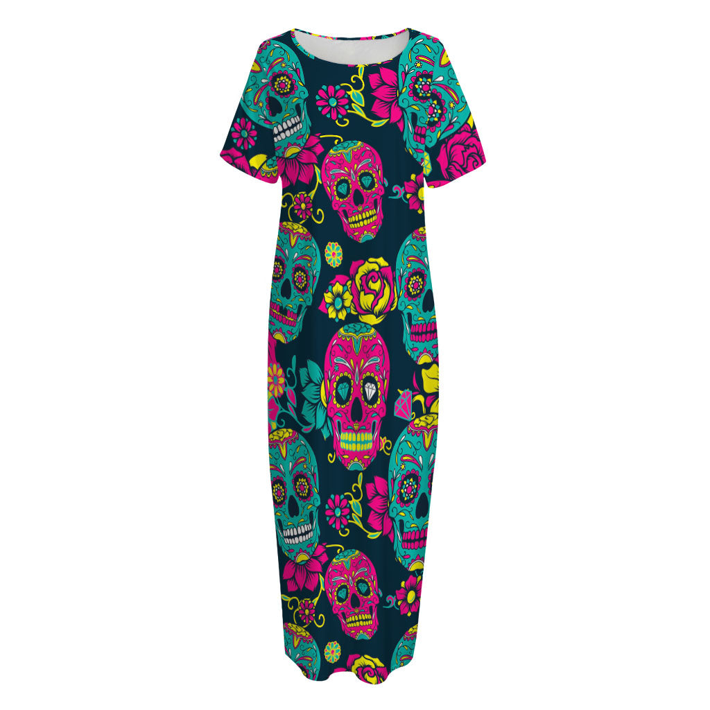 Teal Pink Sugar Skull Pattern Print Short Sleeve Long Nightdress