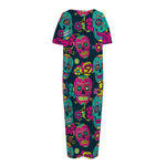 Teal Pink Sugar Skull Pattern Print Short Sleeve Long Nightdress