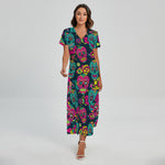 Teal Pink Sugar Skull Pattern Print Short Sleeve Maxi Dress