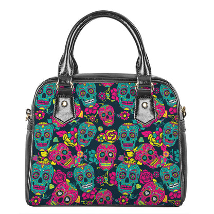 Teal Pink Sugar Skull Pattern Print Shoulder Handbag