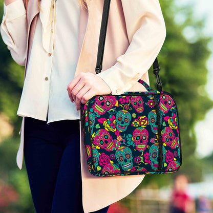 Teal Pink Sugar Skull Pattern Print Shoulder Strap Bible Bag