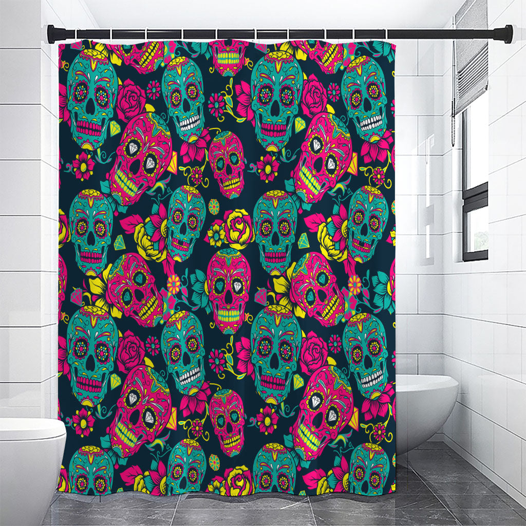 Teal Pink Sugar Skull Pattern Print Shower Curtain