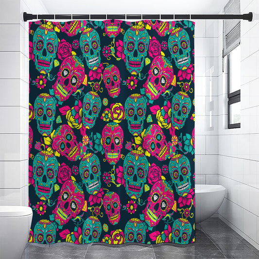 Teal Pink Sugar Skull Pattern Print Shower Curtain
