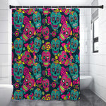 Teal Pink Sugar Skull Pattern Print Shower Curtain