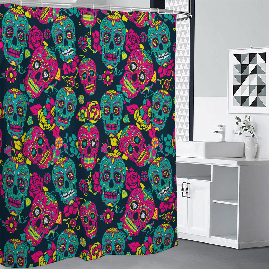 Teal Pink Sugar Skull Pattern Print Shower Curtain
