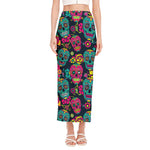 Teal Pink Sugar Skull Pattern Print Side Slit Maxi Skirt