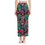 Teal Pink Sugar Skull Pattern Print Side Slit Maxi Skirt
