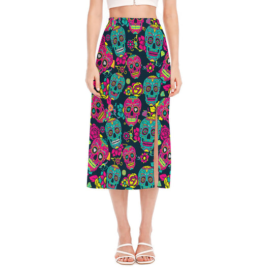 Teal Pink Sugar Skull Pattern Print Side Slit Midi Skirt