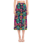 Teal Pink Sugar Skull Pattern Print Side Slit Midi Skirt