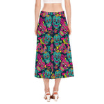 Teal Pink Sugar Skull Pattern Print Side Slit Midi Skirt
