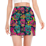Teal Pink Sugar Skull Pattern Print Side Slit Mini Skirt
