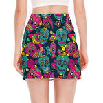 Teal Pink Sugar Skull Pattern Print Side Slit Mini Skirt