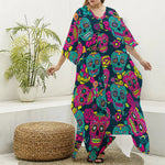 Teal Pink Sugar Skull Pattern Print Silk V-Neck Kaftan Dress