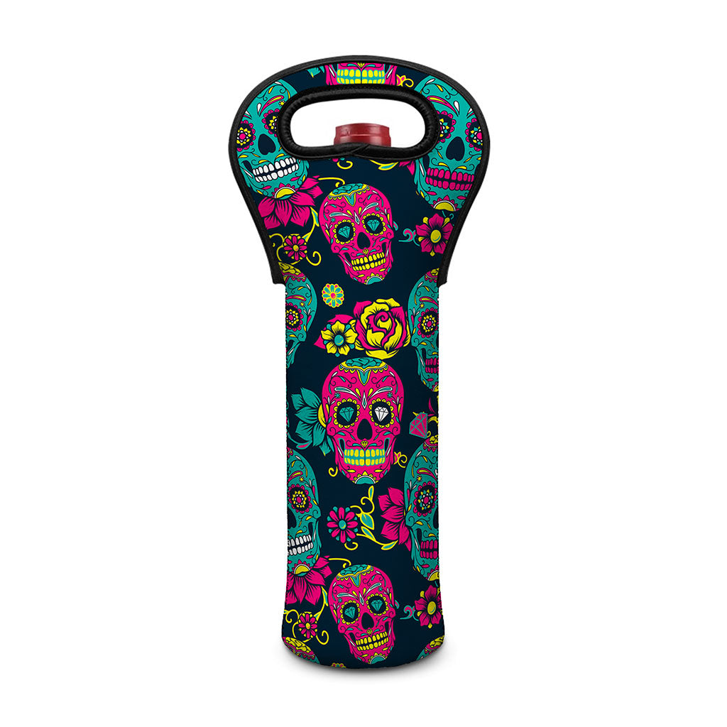 Teal Pink Sugar Skull Pattern Print Single Neoprene Wine Tote