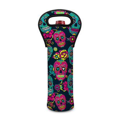 Teal Pink Sugar Skull Pattern Print Single Neoprene Wine Tote