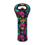 Teal Pink Sugar Skull Pattern Print Single Neoprene Wine Tote