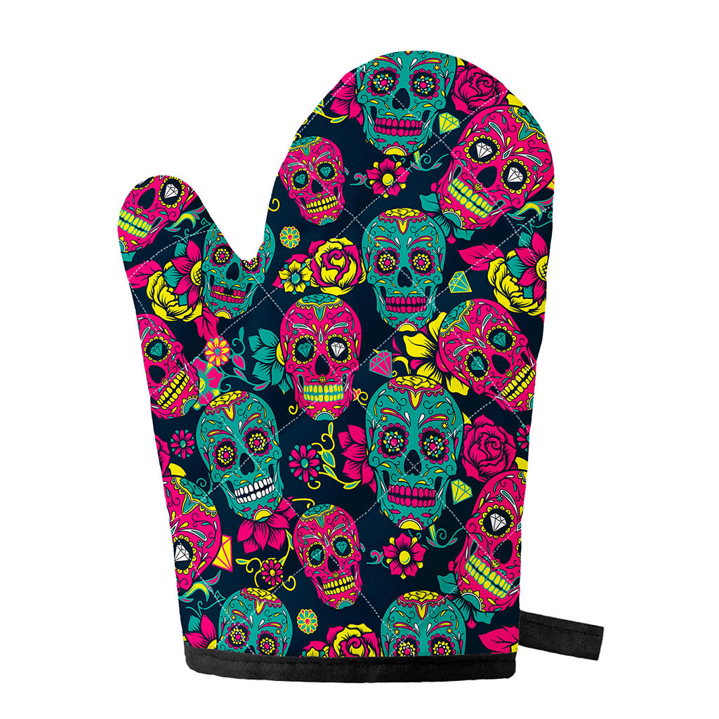 Teal Pink Sugar Skull Pattern Print Single Oven Mitt