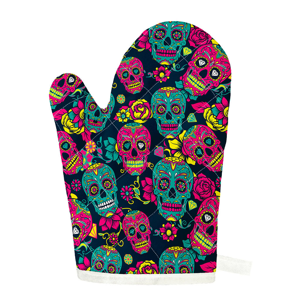 Teal Pink Sugar Skull Pattern Print Single Oven Mitt
