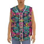 Teal Pink Sugar Skull Pattern Print Sleeveless Baseball Jersey