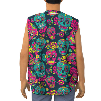 Teal Pink Sugar Skull Pattern Print Sleeveless Baseball Jersey