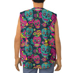 Teal Pink Sugar Skull Pattern Print Sleeveless Baseball Jersey