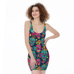 Teal Pink Sugar Skull Pattern Print Sleeveless Bodycon Dress