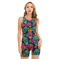 Teal Pink Sugar Skull Pattern Print Sleeveless One Piece Swimsuit