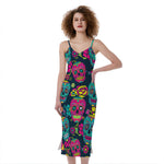 Teal Pink Sugar Skull Pattern Print Slim Fit Midi Cami Dress