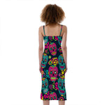 Teal Pink Sugar Skull Pattern Print Slim Fit Midi Cami Dress