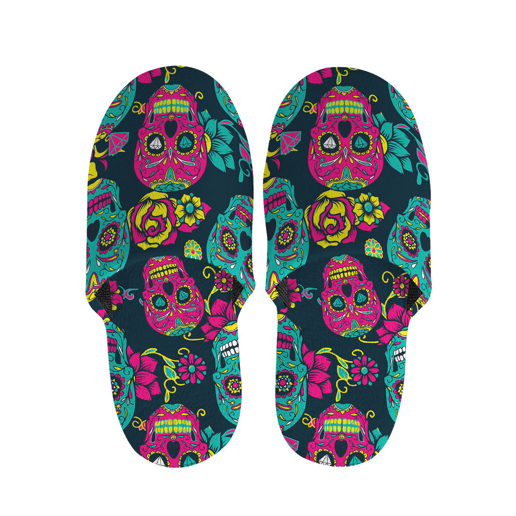 Teal Pink Sugar Skull Pattern Print Slippers