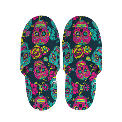 Teal Pink Sugar Skull Pattern Print Slippers