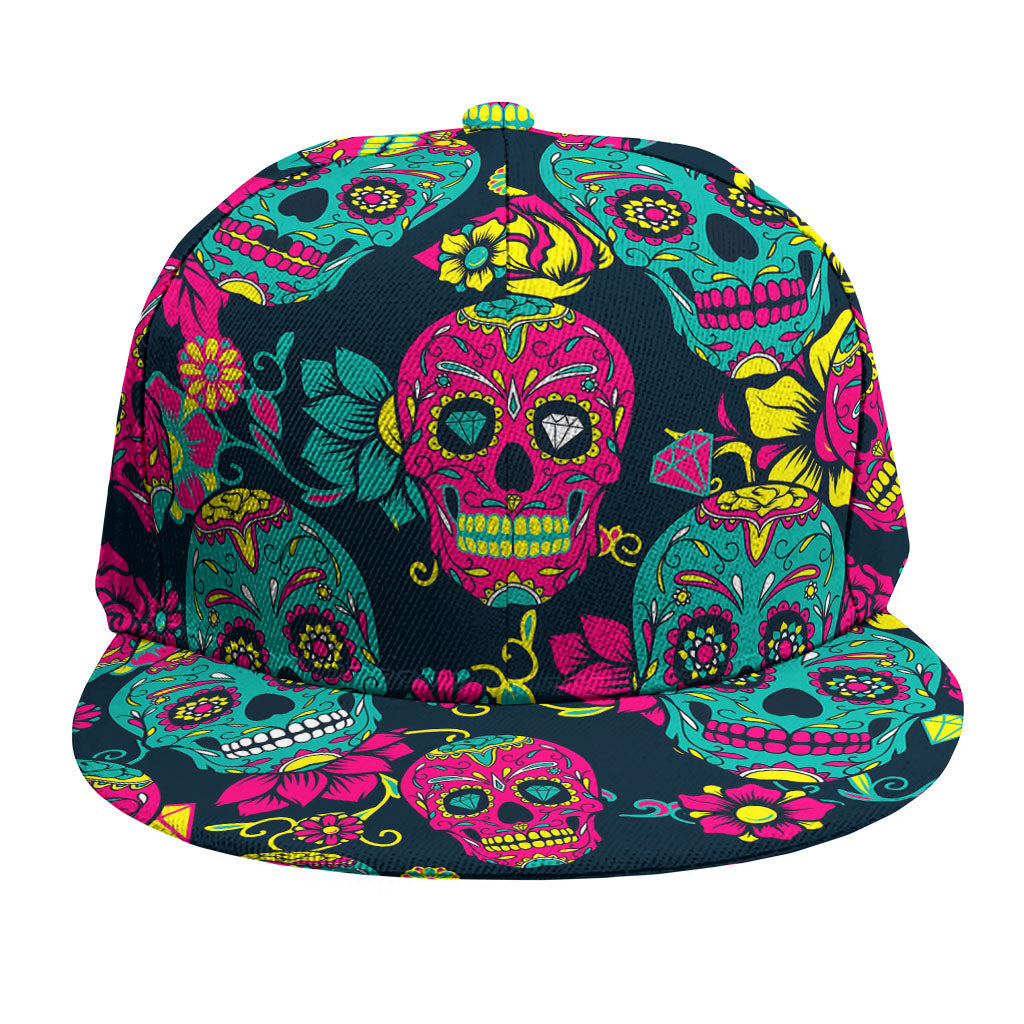 Teal Pink Sugar Skull Pattern Print Snapback Cap