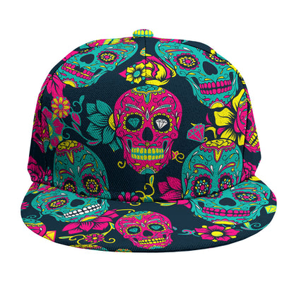 Teal Pink Sugar Skull Pattern Print Snapback Cap