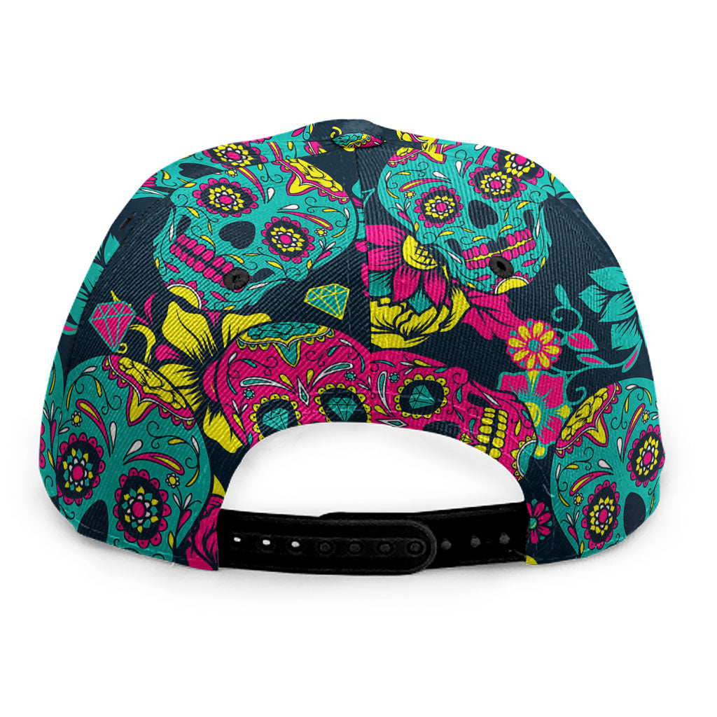 Teal Pink Sugar Skull Pattern Print Snapback Cap