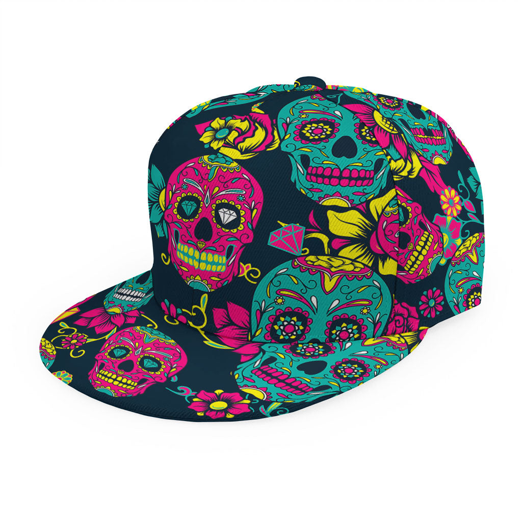 Teal Pink Sugar Skull Pattern Print Snapback Cap
