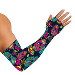 Teal Pink Sugar Skull Pattern Print Sun Protection Arm Sleeves