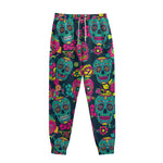 Teal Pink Sugar Skull Pattern Print Sweatpants