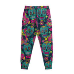 Teal Pink Sugar Skull Pattern Print Sweatpants