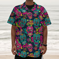 Teal Pink Sugar Skull Pattern Print Textured Short Sleeve Shirt