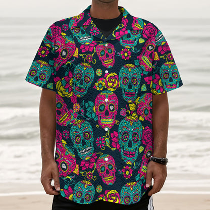 Teal Pink Sugar Skull Pattern Print Textured Short Sleeve Shirt