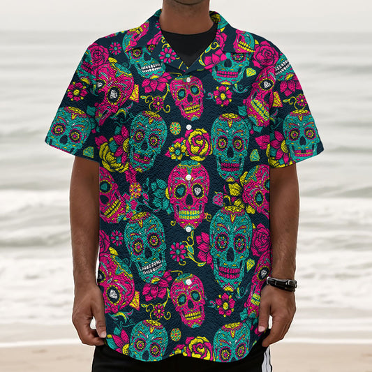 Teal Pink Sugar Skull Pattern Print Textured Short Sleeve Shirt
