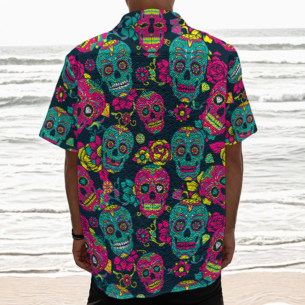 Teal Pink Sugar Skull Pattern Print Textured Short Sleeve Shirt
