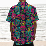 Teal Pink Sugar Skull Pattern Print Textured Short Sleeve Shirt