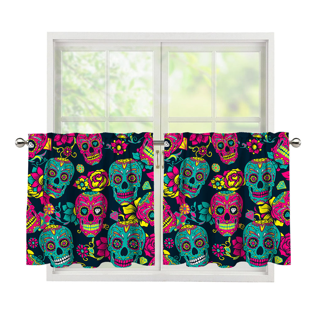 Teal Pink Sugar Skull Pattern Print Tier Curtains